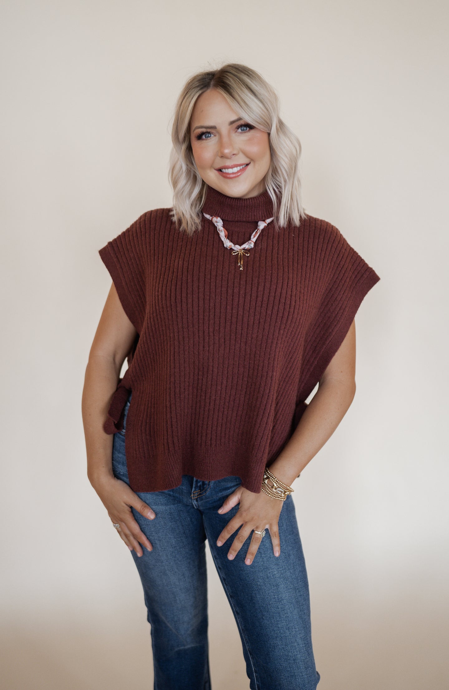 Side Tie Turtleneck Sweater